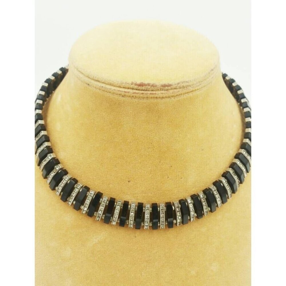 Art Deco Galalith Rhinestone Collar Necklace Black and Chrome German